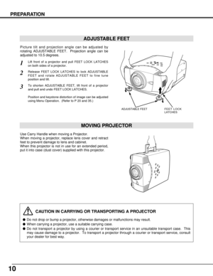 Page 1010
PREPARATION
CAUTION IN CARRYING OR TRANSPORTING A PROJECTOR
Do not drop or bump a projector, otherwise damages or malfunctions may result.
When carrying a projector, use a suitable carrying case.
Do not transport a projector by using a courier or transport service in an unsuitable transport case.  This
may cause damage to a projector.  To transport a projector through a courier or transport service, consult
your dealer for best way.
MOVING PROJECTOR
Use Carry Handle when moving a Projector.
When...