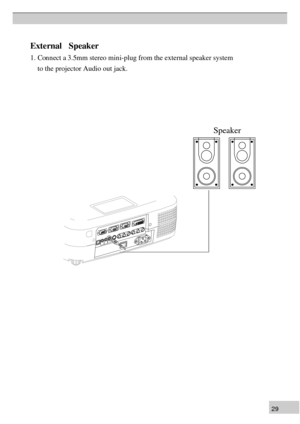 Page 292 9E
xte  rn al    S pea k er
1 . Con  n ect a  3.5mm stereo min  i-plug from the external speaker system 
    to the projector Audio out jack.       S
peak er 