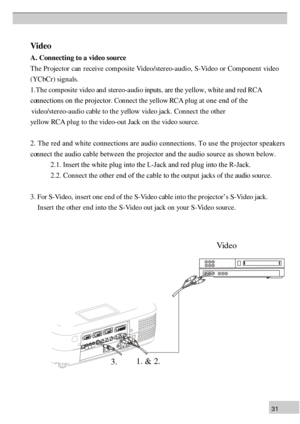 Page 313 1V
id eo
A. Connecting to a video source
T he P ro je cto r c an  r e ceiv e c o m posite  V id eo /s te re o -a u dio , S -V id eo  o r C om pon en t v id eo
( Y CbC r) s ig n als .
1 .Th e composite video an d ster eo-audio inputs, are the yellow, white and red RCA
c onnections on the projector. Con nect the yellow RCA plug at one end of the
 video/ster  eo-audio cable to th  e yellow video jack. Con  n ect th  e oth er
 y
ello w  R C A p lu g t o  t h e v id eo -o u t J a ck  o n  t h e v id eo  s o...