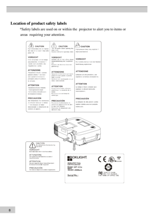 Page 88 L
o ca t io  n  o f  pro d uc t s  a fe  ty  la b els
               * S afe ty  l a b els  a re  u se d  o n  o r w ith in  t h e  p ro je cto r t o  a le rt y o u  t o  i te m s o r
               a re as  r e q uir in g y o u r a tte n tio n . 