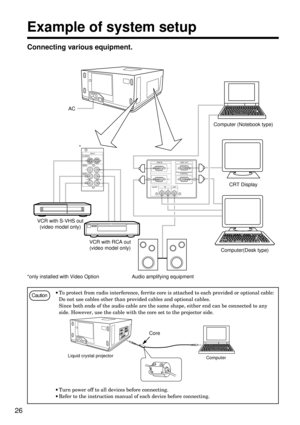 Page 26INPUT
S-VIDEO
VIDEO
AUDIO
L
R1 1 1
2 2 2
RGB IN
AUDIOIN
OUT
RGB  OUT
CONTROL 1
2
12
26
Example of system setup
Connecting various equipment.
AC
Computer(Desk type) Computer (Notebook type)
VCR with RCA out
(video model only) VCR with S-VHS out
(video model only)CRT Display
Audio amplifying equipment
Caution
·Turn power off to all devices before connecting. 
·Refer to the instruction manual of each device before connecting.
1
Liquid crystal projector
Core
Computer
·To protect from radio interference,...