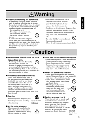 Page 5·If the cord is damaged (core wire is
exposed, disconnected, etc.), ask
your dealer to replace it. It may
cause a fire, electric shock, etc.
·Check that no dirt adheres to the power plug
and fully insert without any play. If dirt
adheres or the connection is incomplete, it
may cause a fire, electric shock,
etc.
·The outer shield of power cord must
be connected to ground.
If you do not, it may cause an electric shock.
5
ENGLISH
Be careful in handling the power cord.
·Do not scratch, damage or process the...