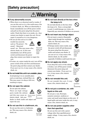 Page 4Warning
4
If any abnormality occurs.
·When there is an abnormal smell or smoke, if
you use this unit as it is, this could cause a fire
or electric shock, etc. When an abnormality is
found, immediately turn off the power switch
and pull out the power plug from the power
outlet. Check that there is no smoke, etc., then
contact your dealer to repair the unit. Do not
repair it yourself as it is very dangerous.
·Do not use this unit as it is after
trouble has occurred,
such as No picture, No
sound, Abnormal...