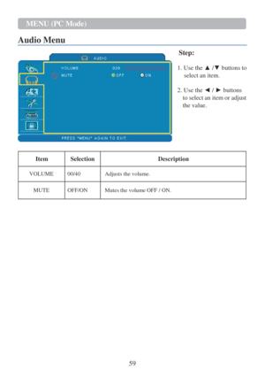 Page 6159 
MENU (PC Mode) 
 
Audio Menu 
 
 
 
 
 
Step: 
 
1. Use the ▲ /▼ buttons to 
select an item. 
 
2. Use the ◄ / ► buttons 
to select an item or adjust 
the value.     
    
Item 
 
Selection 
 
Description 
 VOLUME  00/40  Adjusts the volume. 
 MUTE  OFF/ON  Mutes the volume OFF / ON.  