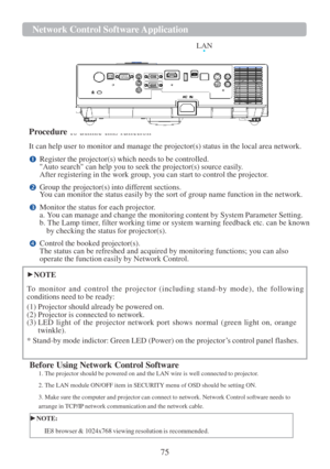 Page 7775 
Network Control Software Application  
 
 
to utilize this function  
 
 
LAN   
   
   
  
Procedure  
It can help user to monitor and manage the projector(s) status in the local area network. 
 Register the projector(s) which needs to be controlled. Auto search can help you to seek the projector(s) source easily. After registering in the work group, you can start to control the projector. 
 Group the projector(s) into different sections. You can monitor the status easily by the sort of group name...