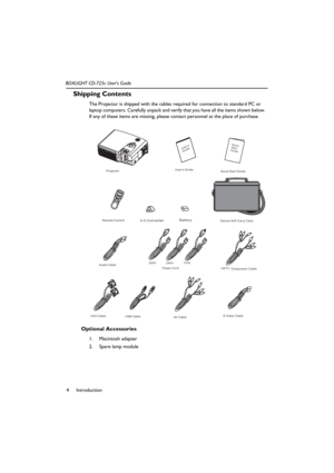 Page 8Introduction 4 BOXLIGHT CD-725c User’s Guide
Shipping Contents 
The Projector is shipped with the cables required for connection to standard PC or 
laptop computers. Carefully unpack and verify that you have all the items shown below. 
If any of these items are missing, please contact personnel at the place of purchase.
Optional Accessories 
1. Macintosh adapter
2. Spare lamp module
Deluxe Soft Carry Case
S-Video Cable3-2 ConverterBattery
HDTV
Component Cable
VGA CableQuick Start GuidePower Cord240V...