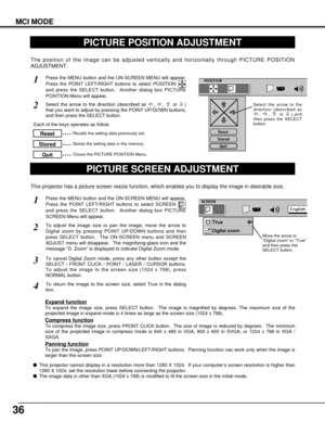 Page 3636
MCI MODE
PICTURE POSITION ADJUSTMENT
The position of the image can be adjusted vertically and horizontally through PICTURE POSITION
ADJUSTMENT.
Press the MENU button and the ON-SCREEN MENU will appear.
Press the POINT LEFT/RIGHT buttons to select POSITION 
and press the SELECT button.  Another dialog box PICTURE
POSITION Menu will appear. 
Select the arrow to the direction (described as  ,  ,  or  )
that you want to adjust by pressing the POINT UP/DOWN buttons,
and then press the SELECT button.
1
2...