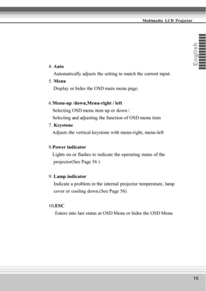 Page 1515
Multimedia  LCD  Projector
E
ng
l
is
h4. Auto
    Automatically adjusts the setting to match the current input.
5. Menu
    Display or hides the OSD main menu page.
6.Menu-up /down,Menu-right / left
   Selecting OSD menu item up or down /
   Selecting and adjusting the function of OSD menu item
7. Keystone
   Adjusts the vertical keystone with menu-right, menu-left
8.Power indicator
   Lights on or flashes to indicate the operating status of the
    projector(See Page 56 )
9. Lamp indicator...