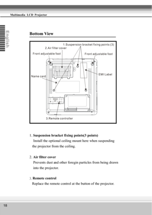 Page 1818
Multimedia  LCD  Projector
En
glis
h
Bottom View
1.  Suspension bracket fixing points(3 points)
    Install the optional ceiling mount here when suspending
   the projector from the ceiling.
2.  Air filter cover
    Prevents dust and other foregin particles from being drawn
    into the projector.
3. Remote control
   Replace the remote control at the button of the projector.
   
K
ey s
t o n
e 
S t
il lI N P
U T 
B l
a n k-+
Front adjustable foot
Name card
3.Remote controller EMI Label
2.Air filter...