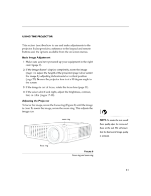 Page 1911
USING THE PROJECTOR
This section describes how to use and make adjustments to the 
projector. It also provides a reference to the keypad and remote 
buttons and the options available from the on-screen menus.
Basic Image Adjustment
1Make sure you have powered up your equipment in the right 
order (page 9).
2If the image doesn’t display completely, zoom the image 
(page 11), adjust the height of the projector (page 12) or center 
the image by adjusting its horizontal or vertical position 
(page 20). Be...