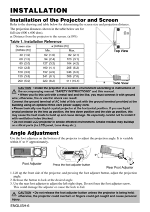 Page 7ENGLISH-6
INSTALLATION INSTALLATION
Installation of the Projector and Screen
Refer to the drawing and table below for determining the screen size and projection distance.
Top View
Side View
Screen size
[inches (m)]a[inches (m)]
Min.Max.
40  (1.0)62  (1.6)82  (2.1)
60  (1.5)94  (2.4)123  (3.1)
80  (2.0)127  (3.2)164  (4.2)
100  (2.5)160  (4.1)205  (5.2)
120  (3.0)192  (4.9)246  (6.3)
150  (3.8)241  (6.1)308  (7.8)
200  (5.0)323  (8.2)411 (10.4)
Angle Adjustment
Use the foot adjusters on the bottom of the...