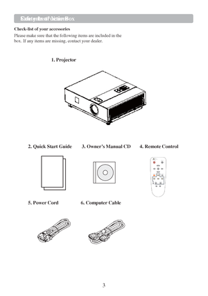 Page 53   
 
 
 SCa
ofnetey nItnssotrf uYcotuiornBs ox  
 
Check-list of your accessories  
Please make sure that the following items
 are included  in the 
box. If any items are missing, contact your dealer.  
 
 
 
1. Projector 
   
 
 
 
 
2. Quick Start Guide  3. Owner ’s Manual  CD 4. Remote Contr ol 
 
   
 
5. Power Cord  6. Computer Cable  
 
 
    