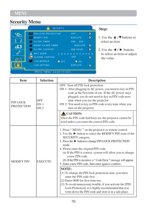 Page 7270  MENU  
 
Security   Menu   
   
  
Step: 
  1. Use the ▲ /▼buttons to  
    select  an item. 
  2. Use the ◄ /  ► buttons  
to  select  an item or adjust 
the value.  
 
 
 
 
  Item   Selection  
Description  
 
 
 
 
 
PIN LOCK 
PROTECTION    
 
 
 
OFF 
ON 1  
ON 2   OFF:   T urn   o f f PIN lock   protection.  
ON 1:   After   plugging   in   AC powe r , you need   to   key   in   PIN 
code at the first   time of use. If the   AC power stays 
plugged,   you do not   need   to   key   in   PIN...