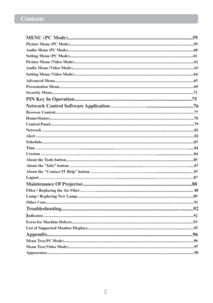 Page 4Contents  
2   
   
 
MENU  (PC  Mode)...................................................................................................59  
Picture Menu (PC Mode)............................................................................................................... ...........59  
Audio Menu (PC Mode)............................................................................................................................60  
Setting Menu (PC...