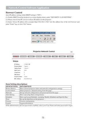 Page 7775  Network Cont r ol   Softwa r e   Application   
   
Browser Control  
Auto IP address setting (while DHCP setting  is ON):  
(1) Enable DHCP from the projector  on-screen-display menu, under SECURITY \ LAN SETTING. 
(2) Please wait for the PC server  to release  IP address to the projector.  
(3)  Enter  Given  IP address  (For  example  http://192.168.1.176/) into  the  address  bar of  the  web  browser  and 
press “Enter”  key or click “Go” button.  
 
 
   
 
 
   
 
Item Setting description:...