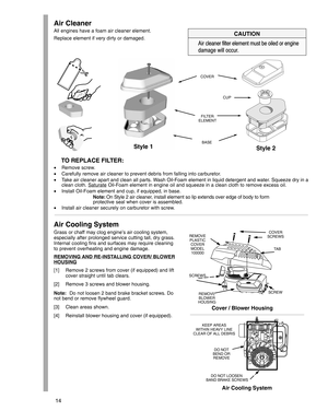 Page 1414
Air Cleaner
All engines have a foam air cleaner element.
Replace element if very dirty or damaged.CAUTION
Air cleaner filter element must be oiled or engine
damage will occur.
Style 2
COVER
FILTER
ELEMENT
BASE
CUP
Style 1
TO REPLACE FILTER:
•Remove screw.
•Carefully remove air cleaner to prevent debris from falling into carburetor.
•Take air cleaner apart and clean all parts. Wash Oil-Foam element in liquid detergent and water. Squeeze dry in a
clean cloth. Saturate
 Oil-Foam element in engine oil and...