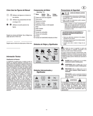 Page 3E
E
19
    − refiérase a los componentes del motor
en la figura 
.
19
Cómo Usar las Figuras del Manual
 − refiérase a las figuras en el interior de
las cubiertas.
 − refiérase a la acción parcial en las
figuras.
1
Registre los números del Modelo, Tipo y Código de su
motor
 aquí para un futuro uso.
Registre aquí su fecha de compra para un futuro uso.
Información Técnica
Clasificación de Potencia
La clasificación de potencia para un modelo de motor en
particular se desarrolla inicialmente comenzando...