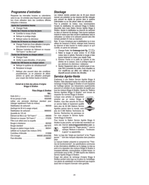 Page 6F
28
 Programme d’entretien
Respecter les intervalles horaires ou calendaires,
selon le cas. Un entretien plus fréquent est nécessaire
lors d’une utilisation dans des conditions difficiles
indiquées ci-dessous.
Après les 5 premières heures
	Changer l’huile
Toutes les 5 heures ou tous les jours
	Contrôler le niveau d’huile
	Nettoyer le protège-doigts
	Nettoyer autour du silencieux
Toutes les 25 heures ou chaque saison
	Changer l’huile lors d’une utilisation à tempéra-
ture ambiante et à charge élevées...