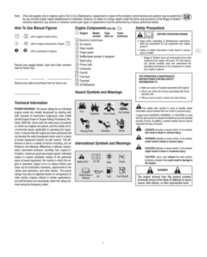 Page 3GB
GB
1
Note: (This note applies only to engines used in the U.S.A.) Maintenance, replacement or repair of the emission control devices and systems may be performed
by any nonroad engine repair establishment or individual. However, to obtain no charge repairs under the terms and provisions of the Briggs & Stratton
warranty statement, any service or emission control part repair or replacement must be performed by a factory authorized dealer.
How To Use Manual Figures
−refer to figures inside covers.
−...