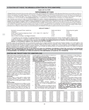 Page 10GR
48
Ç ÐÏËÉÔÉÊÇ ÅÃÃÕÇÓÇÓ ÔÇÓ ÂRIGGS & STRATTON ÃÉÁ ÔÏÕÓ ÊÉÍÇÔÇÑÅÓ
Éó÷ýåé áðü ôçí 12/06
ÐÅÑÉÏÑÉÓÌÅÍÇ ÅÃÃÕÇÓÇÇ Briggs & Stratton Corporation èá åðéóêåõÜóåé Þ èá áíôéêáôáóôÞóåé, ÷ùñßò êáìßá äéêÞ óáò åðéâÜñõíóç, êÜèå åîÜñôçìá Þ åîáñôÞìáôá ôï õ êé í ç ô Þ ñ á ôù í ïð ï ß ù í ôï
õëéêü Þ ç êáôåñãáóßá ôïõò Þ áìöüôåñá åßíáé åëáôôùìáôéêÜ. Ôá Ýîïäá ìåôáöïñÜò ãéá ôá åîáñôÞìáôá ðïõ áðïóôÝëëïíôáé ãéá åðéóêåõÞ Þ áíôéêáôÜóôáóç óôï
ðëáßóéï ôçò ðáñïýóáò åããýçóçò åðéâáñýíïõí ôïí áãïñáóôÞ. Ç ðáñïýóá åããýçóç éó÷ýåé ãéá ôá...