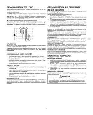 Page 5I
51
RACCOMANDAZIONI PER L’OLIO
Utilizzare un olio detergente di alta qualità, classificato Per assistenza SF, SG, SH, SJ"
o superiore.
Non utilizzare additivi speciali.
L’olio SAE 30 40 F e superiore (5 C e superiore) è ideale come olio universale a temperature
superiori a 40°F, mentre a temperature inferiori a 40°F può provocare problemi di avviamento.
L’olio 10W-30 0 - 100 F (18 - 38 C) è più indicato in condizioni di temperatura variabili.
Questo tipo d’olio agevola l’avviamento a freddo, ma...