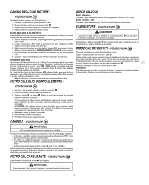 Page 7I
53
CAMBIO DELL’OLIO MOTORE − 
VEDERE FIGURA 
7
Cambiare l’olio dopo le prime 8 ore di funzionamento.
1. Effettuare il cambio dell’olio quando il motore è caldo.
2. Rimuovere il tappo scarico olio per spurgare l’olio. 

3. Rabboccare con olio nuovo del grado di viscosità SAE consigliato.
4. Rabboccare fino al segno FULL sull’asta di livello.
FILTRO DELL’OLIO , SE PREVISTO.Sostituire il filtro dell’olio ogni 100 ore di funzionamento o ad ogni cambio di stagione, a seconda
di quale delle due eventualità...