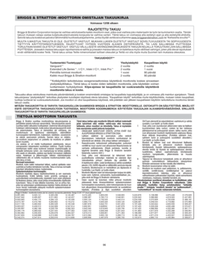 Page 10SF
96
BRIGGS & STRATTON -MOOTTORIN OMISTAJAN TAKUUKIRJA
Voimassa 12/06 alkaen
RAJOITETTU TAKUUBriggs & Stratton Corporation korjaa tai vaihtaa veloituksetta kaikki moottorin osat, jotka ovat viallisia joko materiaalin tai työn tai kummankin osalta. Tämän
takuun mukaan ostaja vastaa kuljetuskustannuksista korjausta tai vaihtoa varten. Tämä takuu on voimassa alla esitetyn ajan ja alla esitetyillä ehdoilla.
Selvitä takuuta koskevat palvelut lähimmältä huoltoedustajaltamme, jonka löydät verkkosivuiltamme...