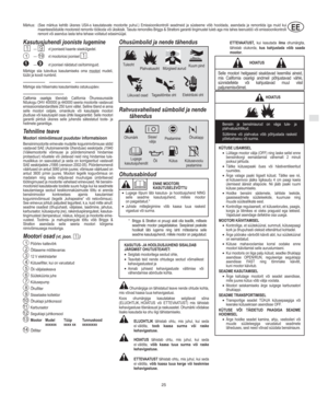 Page 3EE
EE
25
MĨrkus: (See mĨrkus kehtib Ĭksnes USA-s kasutatavate mootorite puhul.) Emissioonikontrolli seadmeid ja sĬsteeme vib hooldada, asendada ja remontida iga muid kui
maanteesidukite mootoreid remontiv tĪĪkoda vi Ĭksikisik. Tasuta remondiks Briggs & Strattoni garantii tingimustel tuleb aga mis tahes teenustĪĪ vi emissioonikontrolli
remont vi asendus lasta teha tehase volitatud edasimĬĬjal.
Kasutusjuhendi jooniste lugemine
vt jooniseid kaante sisekĬlgedel.
 vt mootoriosi joonisel
.
vt...