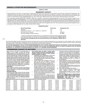 Page 10N
64
BRIGGS & STRATTON MOTORGARANTI
Gjelder fra 12/06
BEGRENSET GARANTIBriggs & Stratton Corporation vil reparere eller erstatte gratis alle del(er) av motoren som er funnet defekt i materiale eller utførelse eller begge deler. Alle
transportkostnader for deler som skal skiftes ut eller repareres under denne garantien må dekkes av kjøperen. Denne garantien er kun gyldig i den
tidsperioden og med de vilkårene som er gitt nedenfor. For å hevde garantien må man ta kontakt med nærmeste autoriserte...