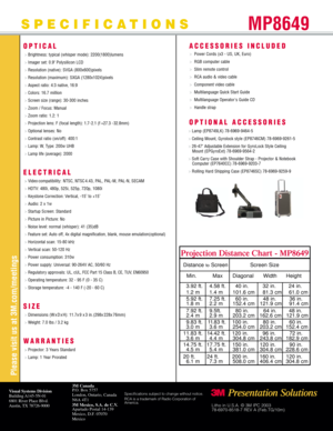 Page 2SPECIFICATIONS
OPTICAL
>Brightness: typical (whisper mode): 2200(1800)lumens
>Imager set: 0.9 Polysilicon LCD
>Resolution (native): SVGA (800x600)pixels
>Resolution (maximum): SXGA (1280x1024)pixels
>Aspect ratio: 4:3 native, 16:9
>Colors: 16.7 million
>Screen size (range): 30-300 inches
>Zoom / Focus: Manual
>Zoom ratio: 1.2: 1
>Projection lens: F (focal length):1.7- 2.1 (f =27.3 - 32.8mm)
>Optional lenses: No
>Contrast ratio (on/off): 400:1
>Lamp: W, Type: 200w UHB
>Lamp life (average): 2000...