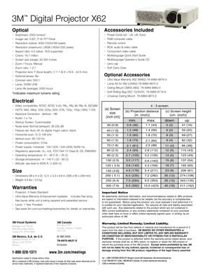 Page 23M Visual Systems 
Building A1475N01
6801 River Place Blvd.
Austin, TX 787269000
3M CanadaP.O. Box 5757
London, Ontario, Canada
N6A 4T1
3M Mexico, S.A. de C.V.Apartado Postal 14139
Mexico, D.F. 07070
Mexico© 3M 2005
78697086375
R102405
Optical
•Brightness: 2500 lumens* 
•Imager set: 0.63, PSi TFT Panel
•Resolution (native): XGA (1024x768 pixels)
•Resolution (maximum): UXGA (1600x1200 pixels)
•Aspect ratio: 4:3 native, 16:9 supported
•Colors: 16.7 million
•Screen size (range): 30300 inches
•Zoom / Focus:...