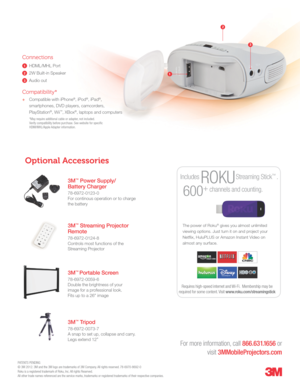 Page 2PATENTS PENDING© 3M 2012. 3M and the 3M logo are trademarks of 3M Company. All rights reserved. 78-6970-8692-0 Roku is a registered trademark of Roku, Inc. All rights Reserved.All other trade names referenced are the service marks, trademarks or registered trademarks of their respective companies.  
Connections
1   HDML/MHL Port
2  2W Built-in Speaker 
3  Audio out
Compatibility*
+  Compatible with iPhone®, iPod®, iPad®,  
smartphones, DVD players, camcorders,  
PlayStation®, Wii™, XBox®, laptops and...