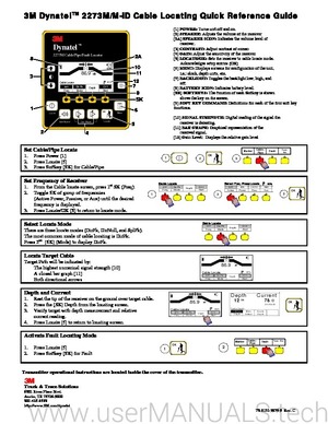 Page 1
 
3M DynatelTM 2273M/M-iD Cable Locating Quick Reference Guide 
 [1] POWER: Turns unit off and on. [2] SPEAKER:  Adjusts the volume of the receiver 
2273M Cable/Pipe/Fault Locator
OK
Menu
Gain Adjust
Spkr/Xpand
On/Off
DynatelTM
Cable Locate
Freq Mode Depth
Alert577Dir Pk O f f
86.9dB
60%
Locate
10
7
4
6
5
2A
113
2
1
8
SK
12
9
xpnd
[2A] SPEAKER ICON: Indicates the volume level of        receiver.   [3] CONTRAST: Adjust contrast of screen [4] GAIN: Adjust the sensitivity of the receiver [5] LOCATE/OK:...