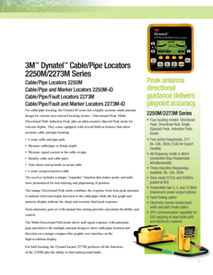 Page 55
3M™ Dynatel™ Cable/Pipe Locators 
2250M/2273M Series
Cable/Pipe Locators 2250M
Cable/Pipe and Marker Locators 2250M-iD
Cable/Pipe/Fault Locators 2273M
Cable/Pipe/Fault and Marker Locators 2273M-iD
For cable/pipe locating, the Dynatel M series has a highly accurate multi-antenna 
\besign for various user-selecte\b locating mo\bes—Directional Peak, Multi-
Directional Null, In\buction Peak, plus an ultra-sensitive Special Peak mo\be for 
extreme \bepths. They come equippe\b with several built-in features...