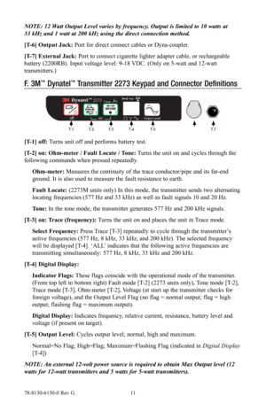 Page 1178-8130-6150-0 Rev G 11
NOTE: 12 Watt Output Level varies by frequency. Output is limited to 10 watts at  
33 kHz and 1 watt at 200 kHz using the direct connection method.
[T-6] Output Jack: Port for direct connect cables or Dyna-coupler.
[T-7] External Jack: Port to connect cigarette lighter adapter cable, or rechargeable 
battery (2200RB). Input voltage level: 9-18 VDC. (Only on 5-watt and 12-watt 
transmitters.)
F.   3M™ Dynatel™ Transmitter 2273 Keypad and Connector Definitions
T- 1 T- 2T- 3 T- 4 T-...