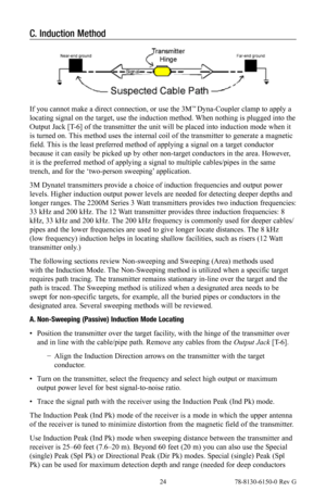 Page 24 24 78-8130-6150-0 Rev G
C. Induction Method
If you cannot make a direct connection, or use the 3M™ Dyna-Coupler clamp to apply a 
locating signal on the target, use the induction method. When nothing is plugged into the 
Output Jack [T-6] of the transmitter the unit will be placed into induction mode when it 
is turned on. This method uses the internal coil of the transmitter to generate a magnetic 
field. This is the least preferred method of applying a signal on a target conductor 
because it can...