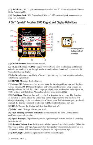 Page 1378-9000-0192-2 Rev D 13
[15] Serial Port: RS232 port to connect the receiver to a PC via serial cable or USB-to-
Serial Adapter  cable.
[16]  Earphone Jack: Will fit standard 1/8 inch (3.175 mm) mini-jack mono earphone 
plug (not included).
J.  3M™ Dynatel™ Receiver 2573 Keypad and Display Definitions
[11]
[12]
[13]
[14]
[1] [10]
[9]
[8]
[7]
[6]
[5]
[SK]
[2] [3][4]
 Access panel on 
 bottom side of 
 Receiver
[1]  On/Off (Power): Turns unit on and off.
[2]  TRACE (Locate) MODE: Toggles between Cable View...