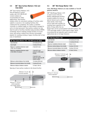 Page 77
78-9000-0281-3-A
4.4  3M™ Near Surface Markers 1432 and 
1432-XR/iD
3M™ Near Surface Markers 1432 
Non-iD (passive) version 
marker and 1432-XR/iD (iD 
version marker) are 
recommended for urban 
applications. Near-surface 
markers allow for convenient marking of facilities under 
asphalt or concrete or for marking facilities after 
construction has completed. The marker is installed 
vertically at a shallow depth in a hole drilled or gouged in 
soil or in street pavement. Near-surface markers are also...