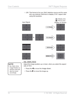 Page 26
24 © 3M 2008.  All Rights Reserved.
User Controls  3M™ Digital Projector 
Input Signal
Display area
Picture area
Display on Screen
  Ver. Shift (16:9)
Adjust the image position up or down, when you select the aspect 
ratio of 16:9.
Press the  to move the image down.
Press the  to move the image up.
‡Ver. Shift (16:9): 
Image Position at 
window mode will 
also be moved 
accordingly.
LBX:  This format is for non-16x9, letterbox source and for users 
who use external 16x9 lens to display 2.35:1...