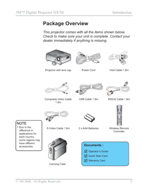 Page 7
© 3M 2008.  All Rights Reserved.  5
3M™ Digital Projector DX70i                                             Introduction
Power Cord VGA Cable 1.8m
Wireless Remote Controller
Composite Video Cable  1.8m
Projector with lens cap
Package Overview
This projector comes with all the items shown below. 
Check to make sure your unit is complete. Contact your 
dealer immediately if anything is missing.
Documents :
;Operator’s Guide
;Quick Start Card
;Warranty Card
2 x AAA Batteries
RS232 Cable 1.8mUSB Cable...