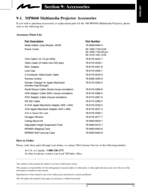 Page 27ENGLISH
25  3M 19973M Multimedia Projector MP8660
Section 9: Accessories
9-1. MP8660 Multimedia Projector  Accessories
If you wish to purchase accessories or replacement parts for the 3M MP8660 Multimedia Projector, please
refer to the following list:
Accessory Parts List
Part DescriptionPart Number
Metal Halide Lamp Module, 350W 78-6969-8460-4
Power Cords 26-1009-7103-0 US
26-1009-7104-8 Euro
26-1010-1051-5 UK
VGA Cable (15±15 pin M/M) 78-8118-3235-7
Video Cable (S-Video mini DIN-4pin) 78-8118-3238-1...