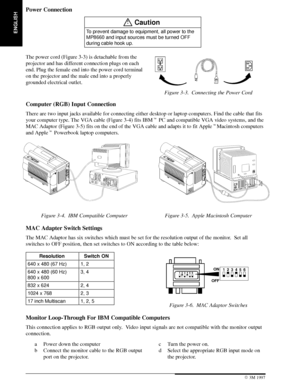 Page 8ENGLISH
6 3M 19973M Multimedia Projector MP8660
Power Connection
!Caution
To prevent damage to equipment, all power to the
MP8660 and input sources must be turned OFF
during cable hook up.
The power cord (Figure 3-3) is detachable from the
projector and has different connection plugs on each
end. Plug the female end into the power cord terminal
on the projector and the male end into a properly
grounded electrical outlet.
Figure 3-3. Connecting the Power Cord
Computer (RGB) Input Connection
There are two...