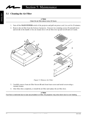 Page 163Mª Multimedia Projector MP8730© 3M 1998
ENGLISH
5.1 Cleaning the Air Filter
4 Note
Clean the air filter about every 50 hours.
1. Turn off the MAIN POWER switch of the projector and pull out power cord. Let cool for 20 minutes.
2. Remove the air filter from the bottom of projector.  Unscrew two retaining screws (1) and pull down
and out (2) on the handle to free air cleaner door. Lift air filter door up and out (3) and set it aside.
3. Carefully remove foam air filter Screen (4) and clean foam screen and...