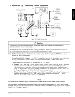 Page 7© 3M 1998 3Mª Multimedia Projector MP8730
ENGLISH
2.3 System Set Up - connecting various equipment
Turn power off to all devices before making connections. Never plug anything into the projector or
computer while any device is in operation.
The MP8730 must be powered down when making connections.  The mouse emulation may not work if
the unit is not powered down before the mouse cable connections are made.
2.3.1Appleª Desktop Mouse - The Macintosh operating system should recognize the MP8730 as a mouse...