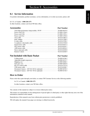 Page 27© 3M 2000 3M™ Multimedia Projector MP8755/MP8755L/MP8770/MP8770L
ENGLISH
25
Section 8: Accessories
8.1 Service Information
For product information, product assistance, service information, or to order accessories, please call:
In U.S. or Canada:  1-800-328-1371
In other locations, contact your local 3M Sales office.
AccessoriesPart Number
Ultra-high performance lamp module, 190 W. . . . . . . . . . . . . . . . . . . . . 
78-6969-8919-9
Power cord (US). . . . . . . . . . . . . . . . . . . . . . . . . . ....