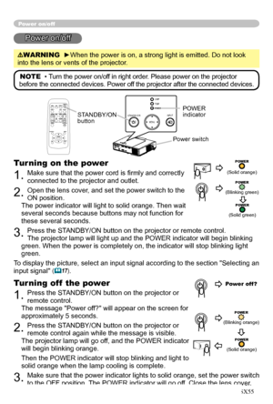 Page 16
16

Power on/off
Power on/off
WARNING  ►When the power is on, a strong light is emitted. Do not look 
into the lens or vents of the projector.
NOTE  •  Turn the power on/off in right order. Please power on the projector 
before the connected devices. Power off the projector after the connected devices.
Power switch
STANDBY/ON 
button
POWER indicator
Turning on the power
1. Make sure that the power cord is ﬁrmly and correctly 
connected to the projector and outlet.  
2. Open the lens cover, and set the...