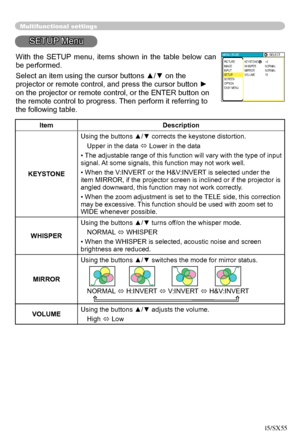 Page 32
32

Multifunctional settings
SETUP Menu
ItemDescription
KEYSTONE
Using the buttons ▲/▼ corrects the keystone distortion.
Upper in the data  Lower in the data
•  The adjustable range of this function will vary with the type of input 
signal. At some signals, this function may not work well.
• When the V:INVERT or the H&V:INVERT is selected under the item MIRROR, if the projector screen is inclined or if the projector is 
angled downward, this function may not work correctly.
• When the zoom adjustment...