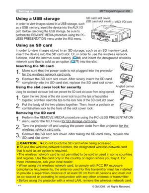 Page 12
12
Setting up
Using a USB storage
Inserting the SD card ,QRUGHUWRYLHZLPDJHVVWRUHGLQDQ6VWRUDJHVXFKDVDQ6PHPRU\FDUG
LQVHUWWKHGHYLFHLQWRWKH6FDUGVORW2ULQRUGHUWRXVHWK HZLUHOHVVQHWZRUN
IXQFWLRQORDGWKHLQWHUQDOFORFNEDWWHU\
	69 DQGLQVHUWWKHGHVLJQDWHGZLUHOHVV
QHWZRUNFDUGWKDWLVVROGDVDQRSWLRQ
	77 LQWRWKHVORW
,QRUGHUWRYLHZLPDJHVVWRUHGLQD86%VWRUDJHVXFK
DVD86%PHPRU\LQVHUWWKHGHYLFHLQWRWKH$8;,2...