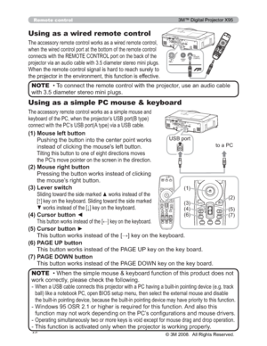 Page 16
16
Remote control
Using as a wired remote control
7KHDFFHVVRU\UHPRWHFRQWUROZRUNVDVDZLUHGUHPRWHFRQWURO
ZKHQWKHZLUHGFRQWUROSRUWDWWKHERWWRPRIWKHUHPRWHFRQWURO
FRQQHFWVZLWKWKH5(027(&21752/SRUWRQWKHEDFNRIWKH
SURMHFWRUYLDDQDXGLRFDEOHZLWKGLDPHWHUVWHUHRPLQLSOXJ V
:KHQWKHUHPRWHFRQWUROVLJQDOLVKDUGWRUHDFKVXUHO\WR
WKHSURMHFWRULQWKHHQYLURQPHQWWKLVIXQFWLRQLVHIIHFWLYH
