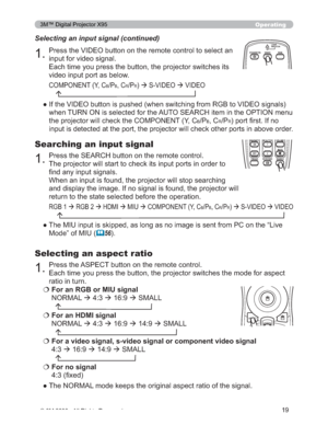 Page 19
19
Operating
3UHVVWKH9,(2EXWWRQRQWKHUHPRWHFRQWUROWRVHOHFWDQ
LQSXWIRUYLGHRVLJQDO
(DFKWLPH\RXSUHVVWKHEXWWRQWKHSURMHFWRUVZLWFKHVLWV
YLGHRLQSXWSRUWDVEHORZ
Selecting an input signal (continued)
”
,IWKH9,(2EXWWRQLVSXVKHGZKHQVZLWFKLQJIURP5*%WR9,(2 VLJQDOV
ZKHQ785121LVVHOHFWHGIRUWKH$8726($5&+LWHPLQWKH237,21 PHQX
WKHSURMHFWRUZLOOFKHFNWKH&20321(17